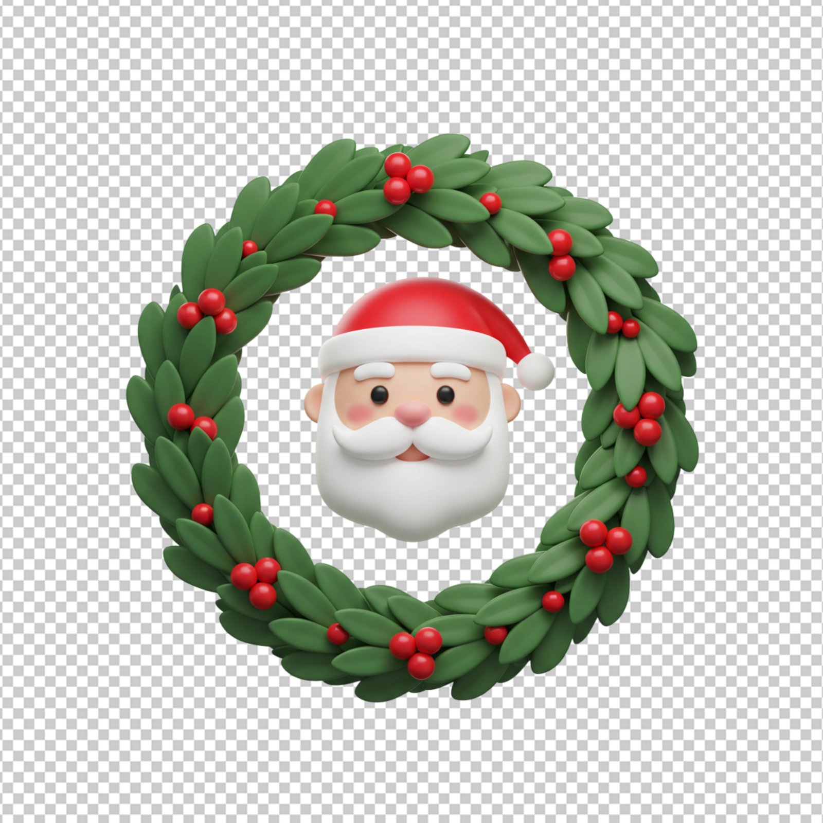 Cute 3D Santa Claus Head In Christmas Wreath Transparent PNG