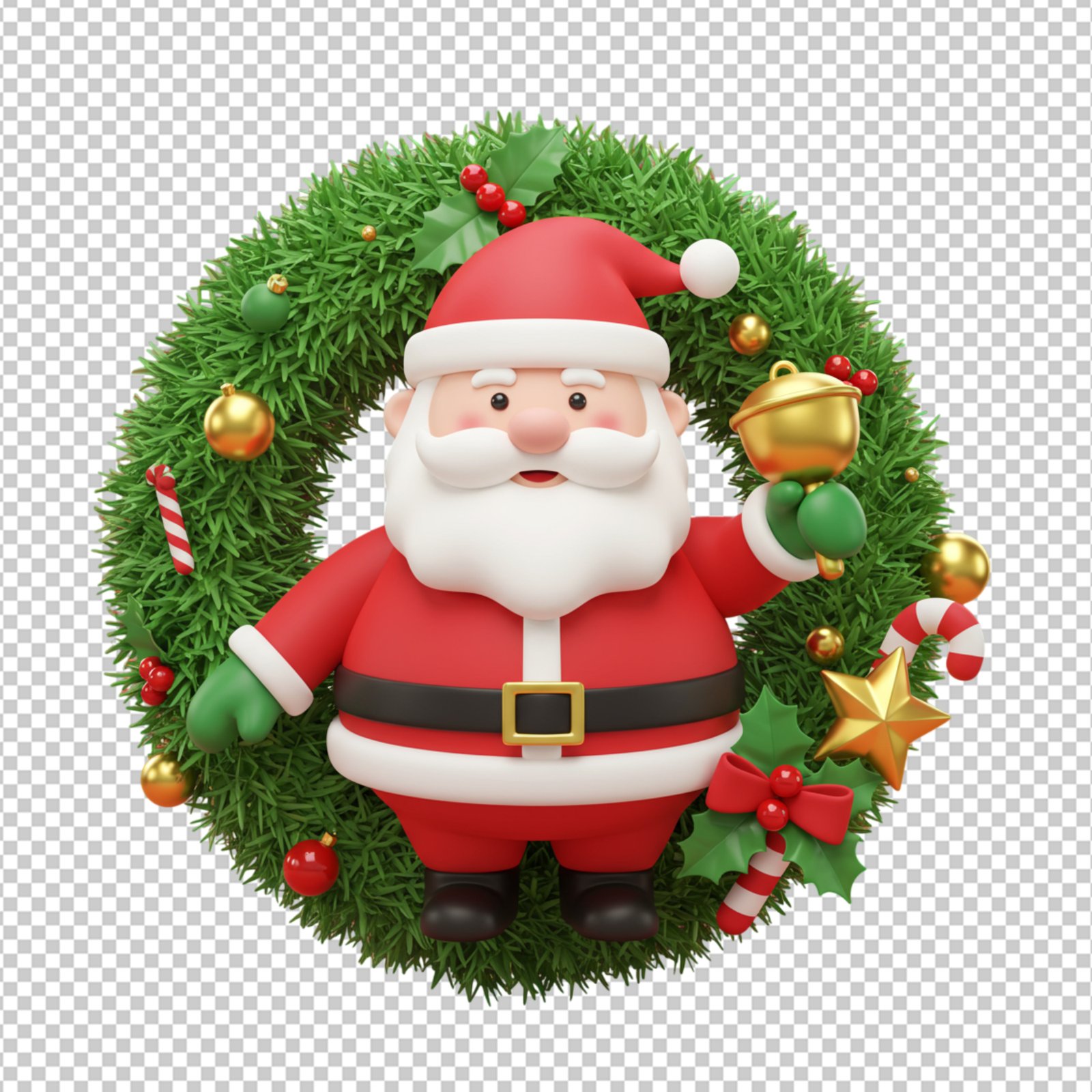 Cute 3D Santa Claus In Christmas Wreath With Bell Transparent PNG