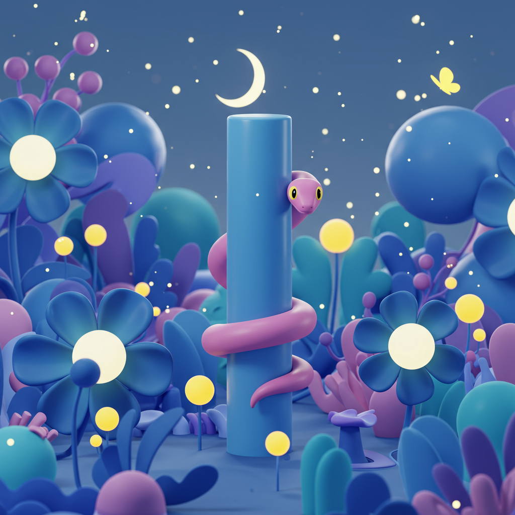 Cute 3D Snake In Magical Night Garden With Glowing Flowers