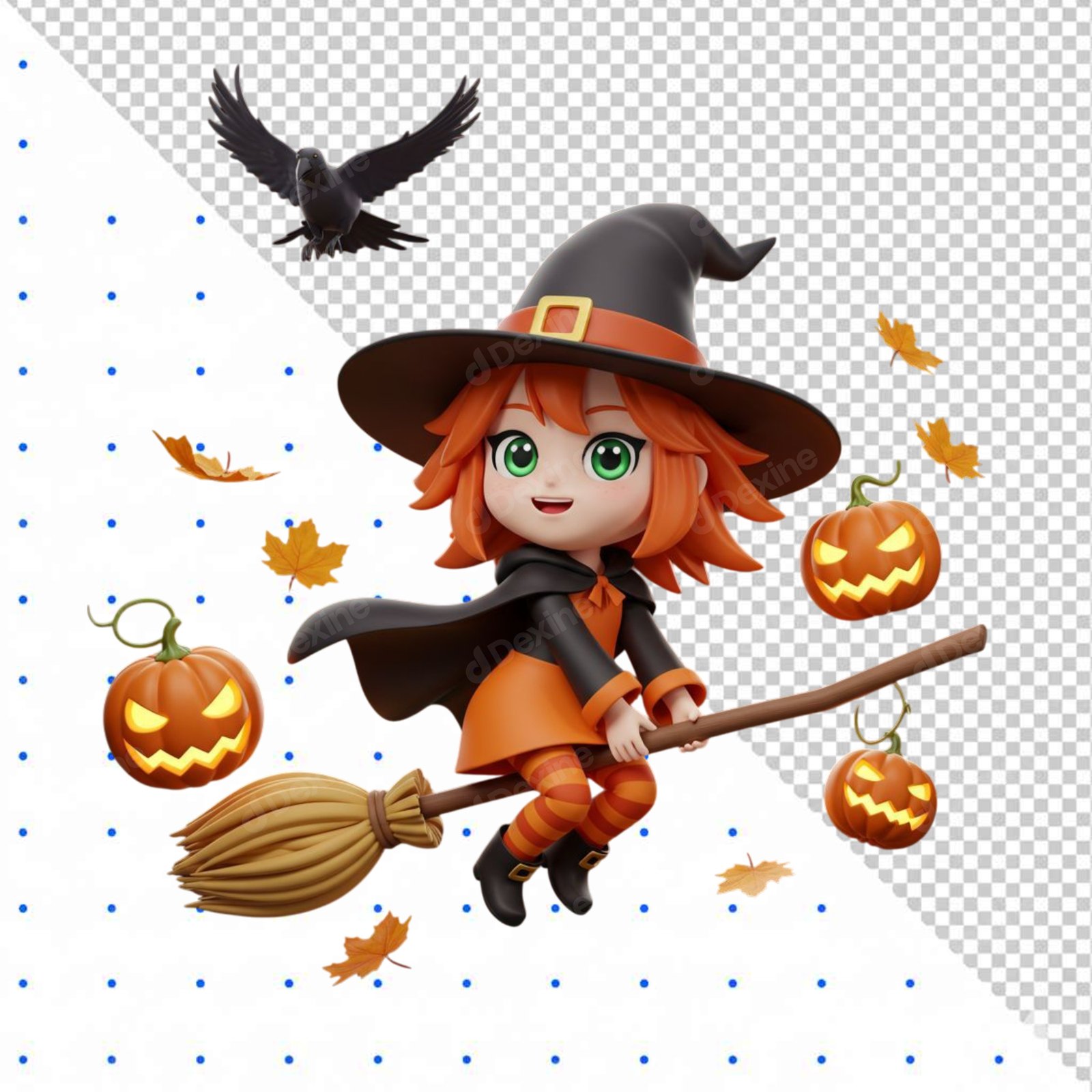 Cute 3D Witch Flying On Broom With Halloween Pumpkins Transparent PNG