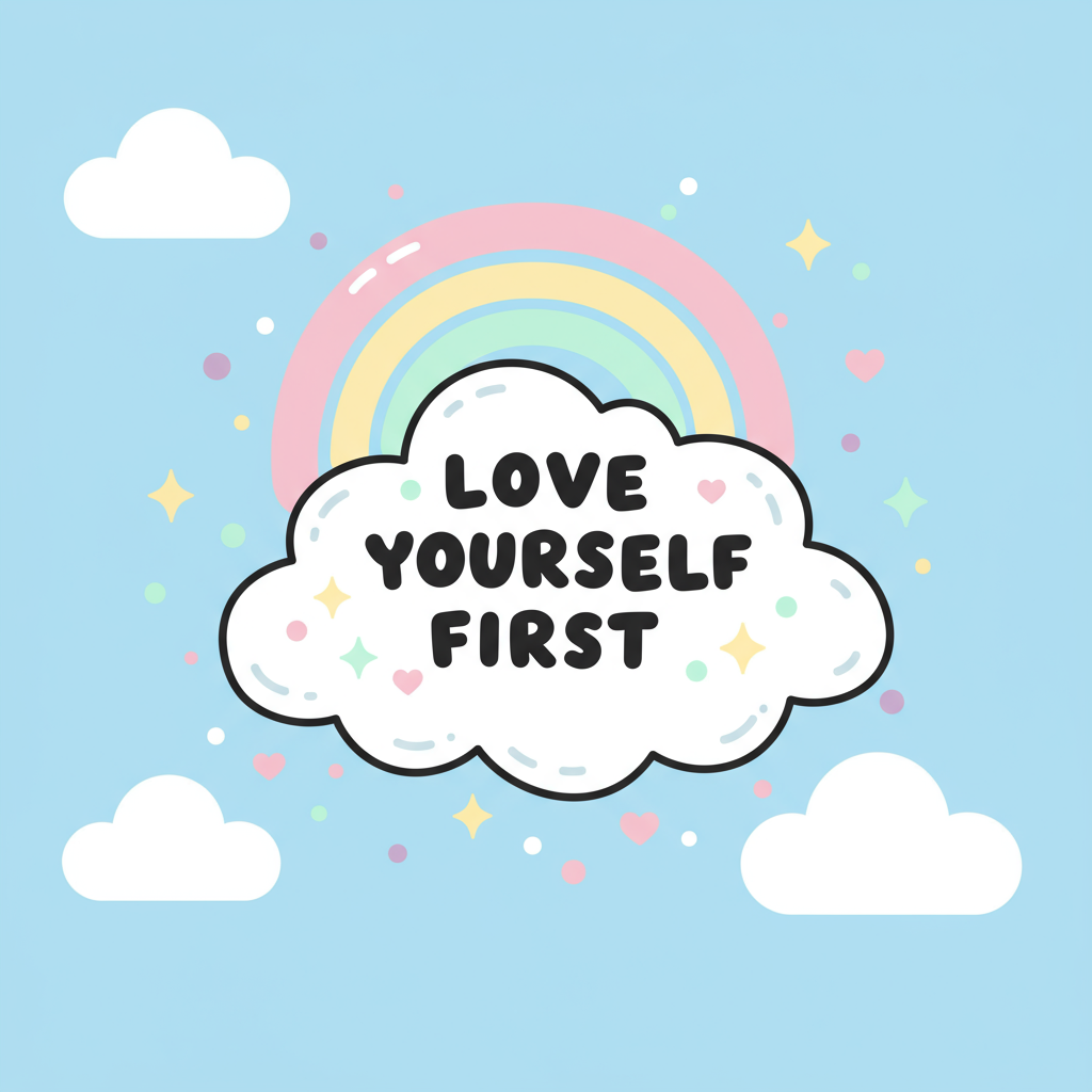 Cute Cartoon Self Love Quote Love Yourself First With Rainbow And Clouds