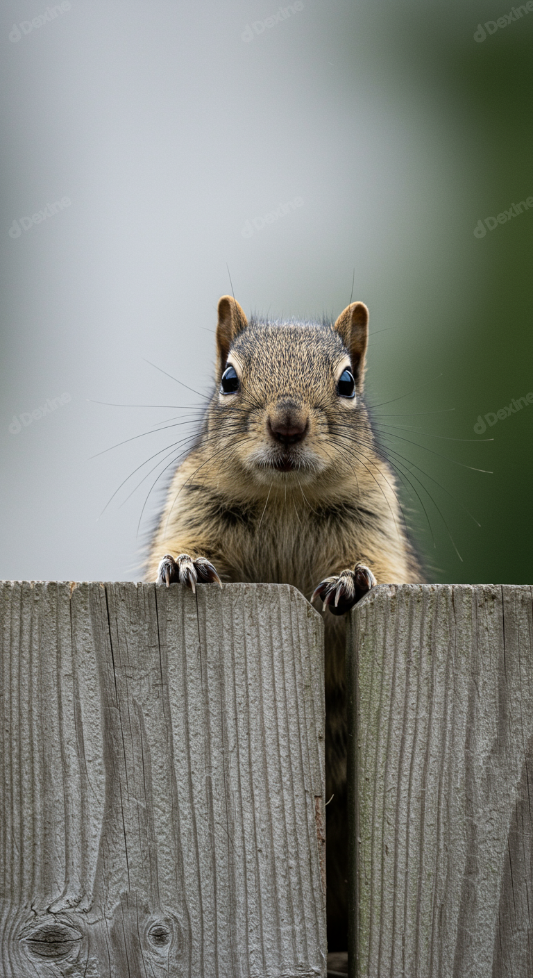 Cute Curious Squirrel Peeking Over Wooden Fence