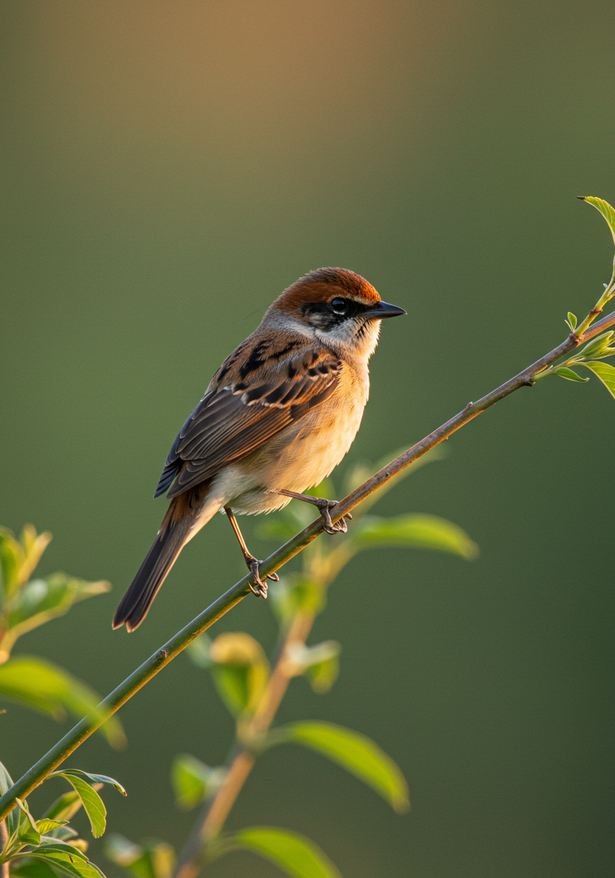 Cute Eurasian Tree Sparrow Perched On Branch In Golden Sunlight