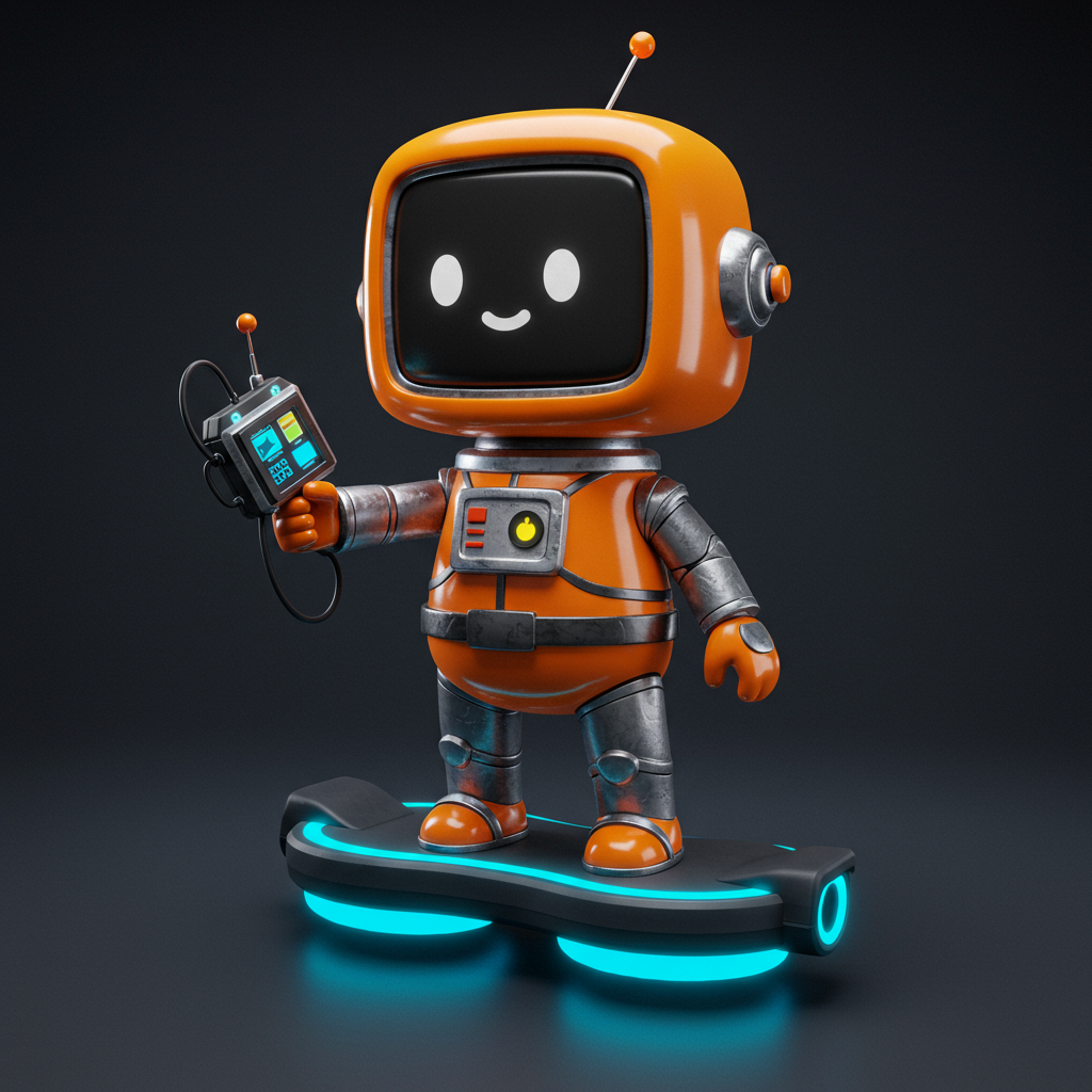 Cute Robot Character Riding Futuristic Hoverboard With Remote