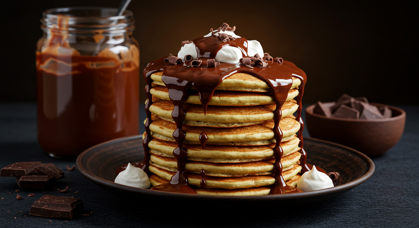 Decadent Stack Of Chocolate Pancakes With Whipped Cream And Shavings