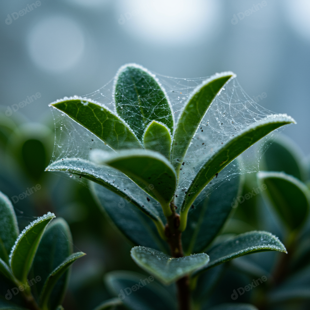 Delicate Frosty Spiderweb Adorns Lush Green Leaves In Morning Light