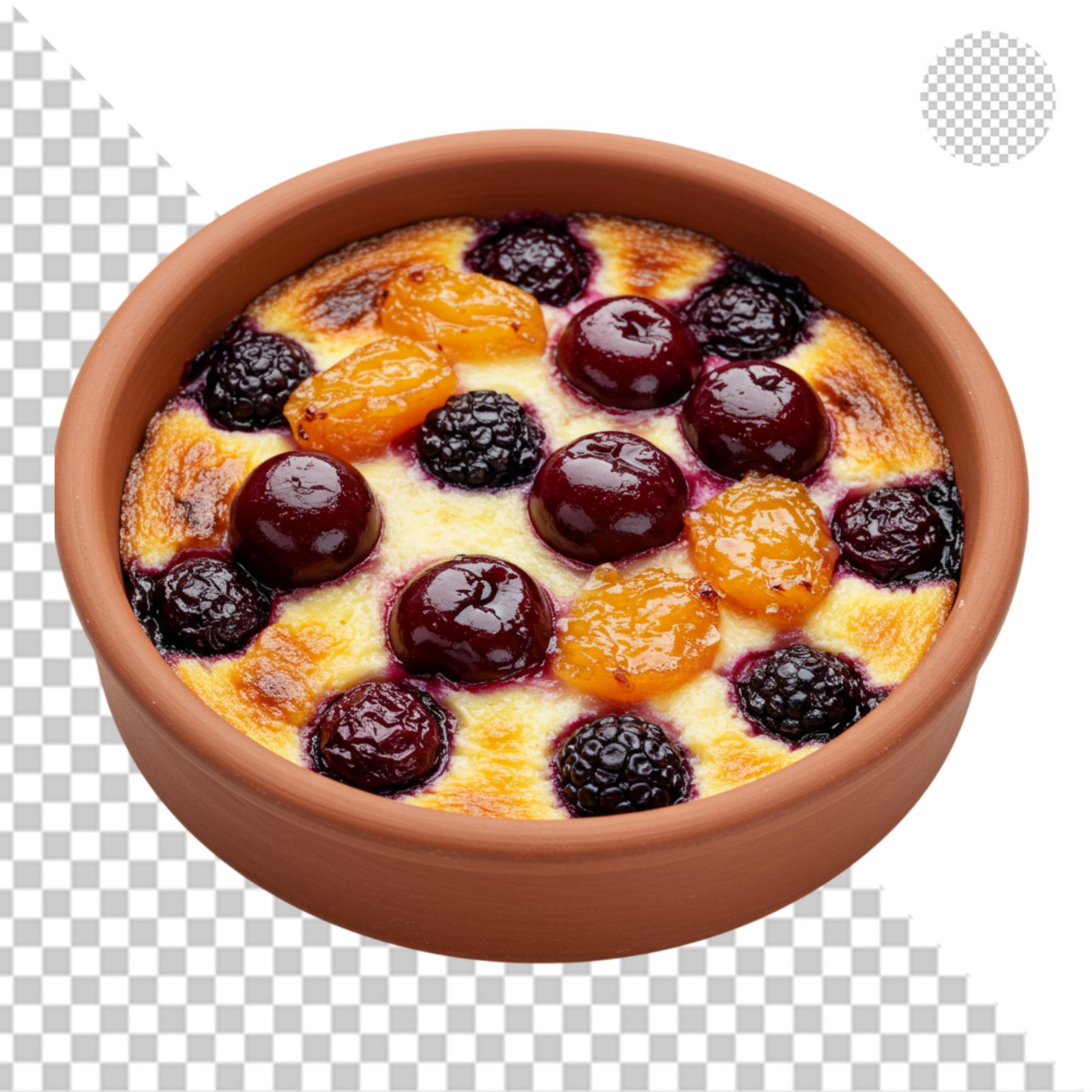 Delicious Berry Apricot Baked Dessert In Terracotta Bowl Cutout