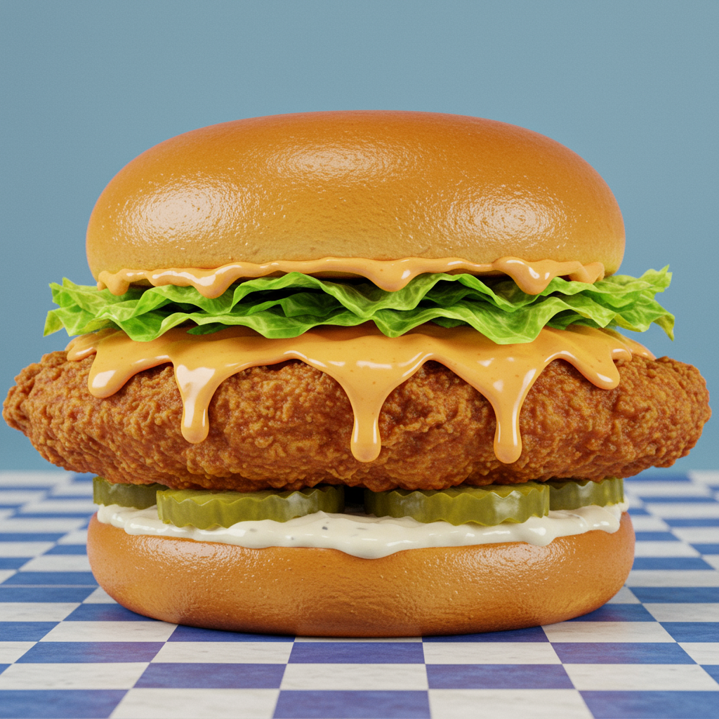 Delicious Crispy Chicken Sandwich With Cheese Sauce And Pickles