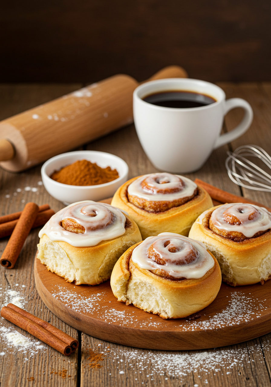 Delicious Freshly Baked Cinnamon Rolls With Icing And Morning Coffee