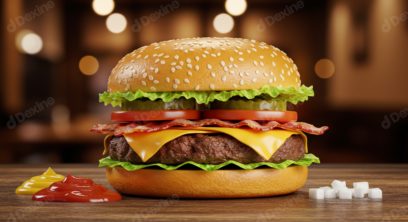 Delicious Gourmet Bacon Cheeseburger With Fresh Toppings On Wooden Table