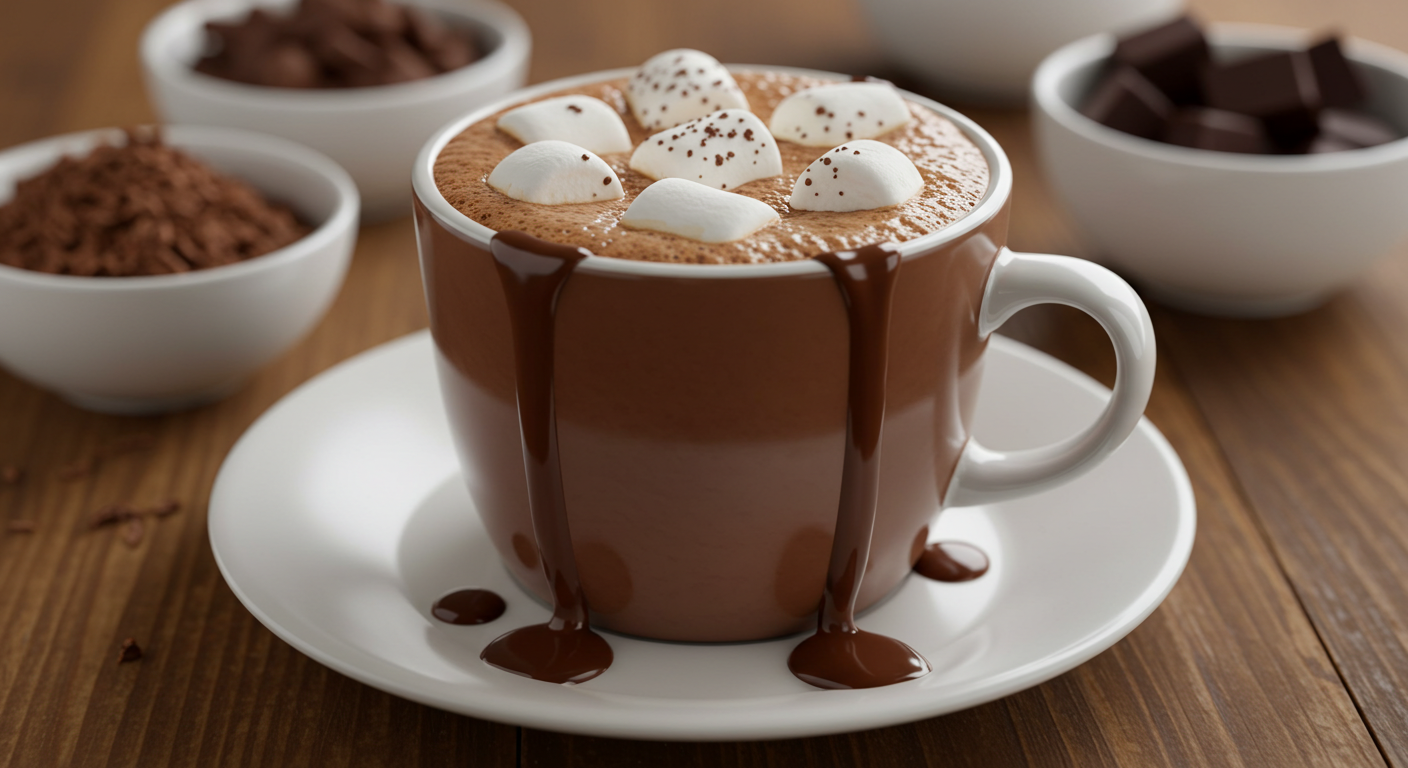 Delicious Hot Chocolate Mug With Marshmallows And Dripping Chocolate Sauce