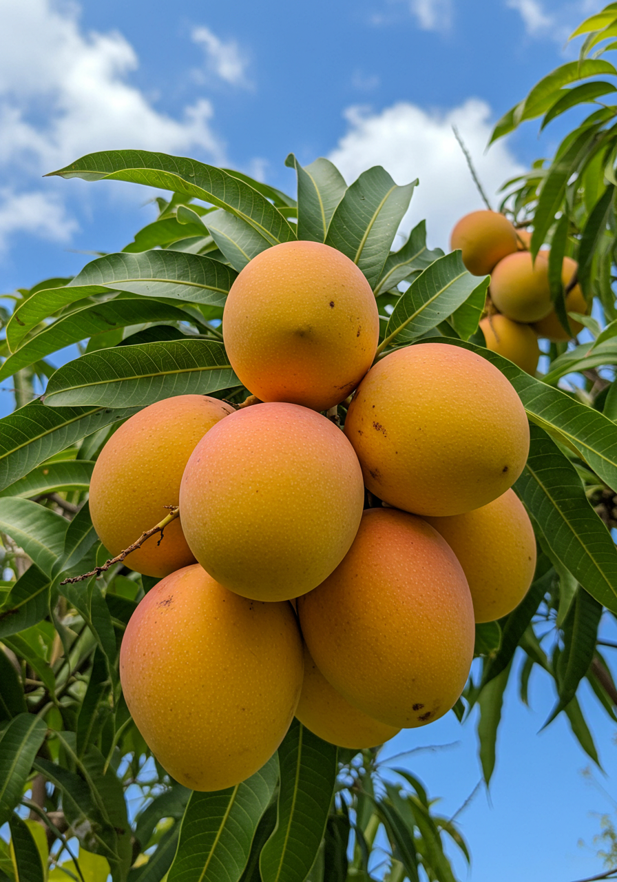 Delicious Ripe Mangoes Hanging On Tropical Tree Against Blue Sky