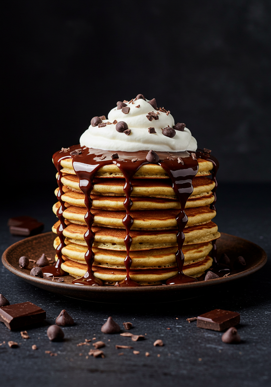 Delicious Stack Of Pancakes With Dripping Chocolate And Whipped Cream