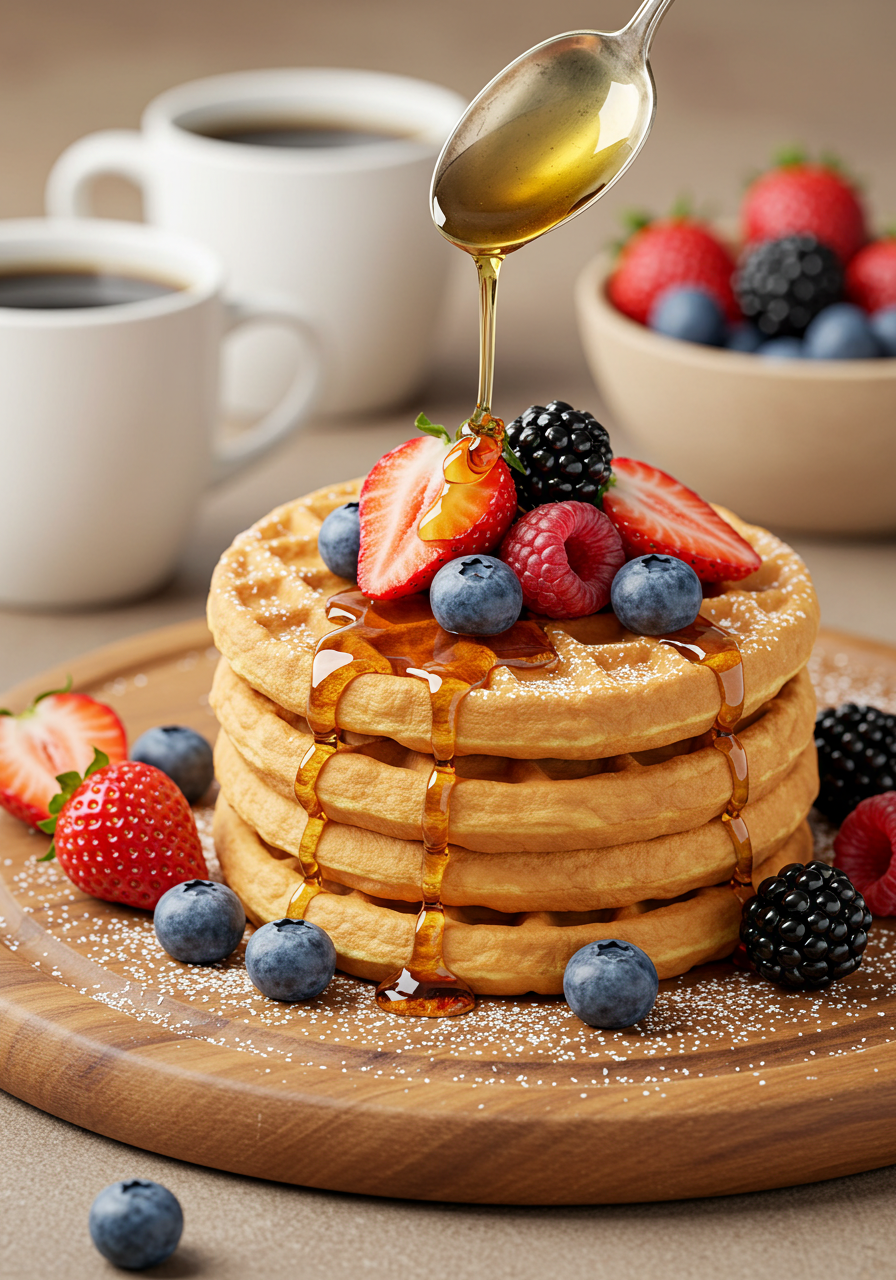 Delicious Waffles Stacked With Fresh Berries Honey Drizzle And Coffee