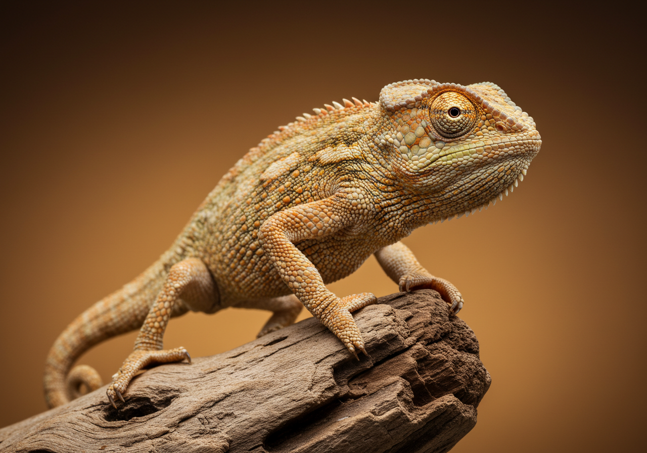 Detailed Close Up Of Chameleon On Wood Branch With Brown Background