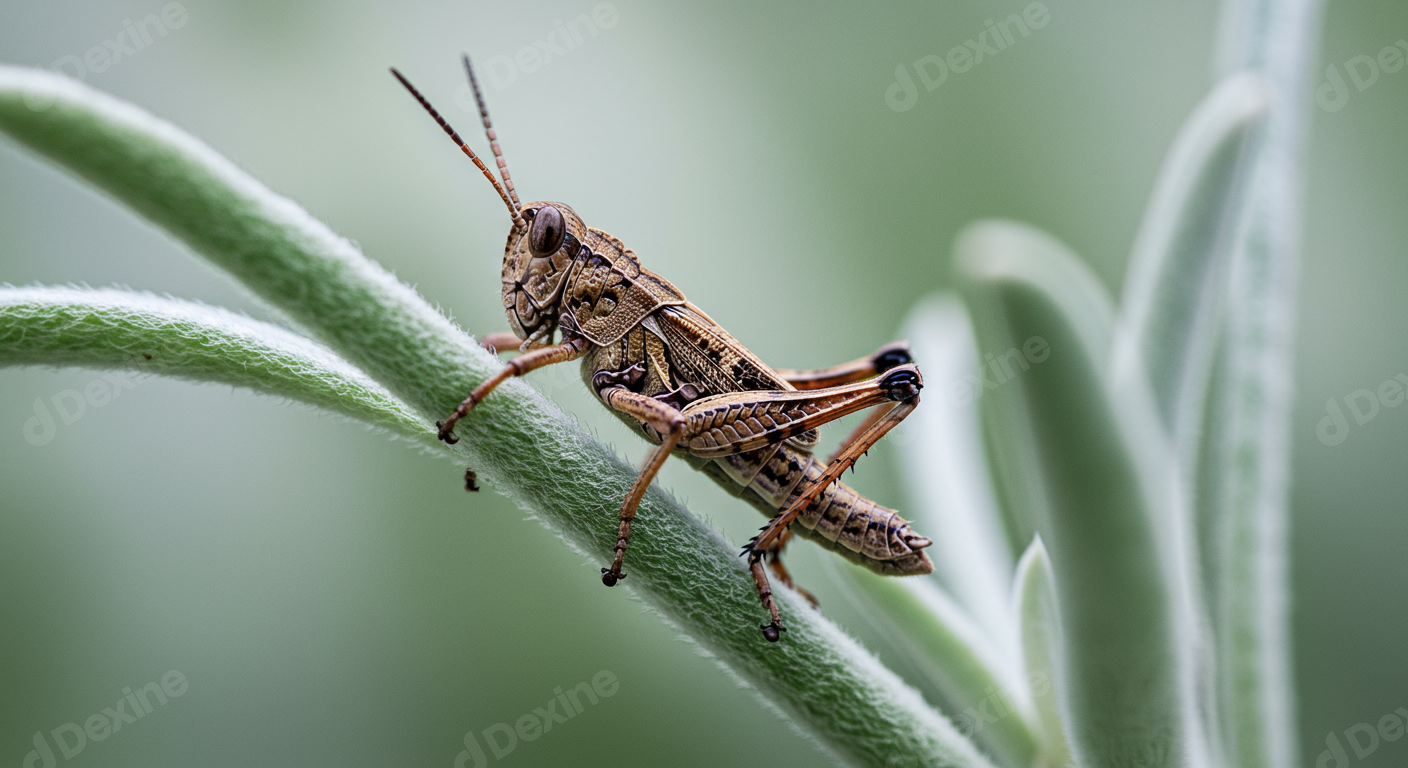 Detailed Close Up Of Brown Grasshopper On Green Fuzzy Plant Stem