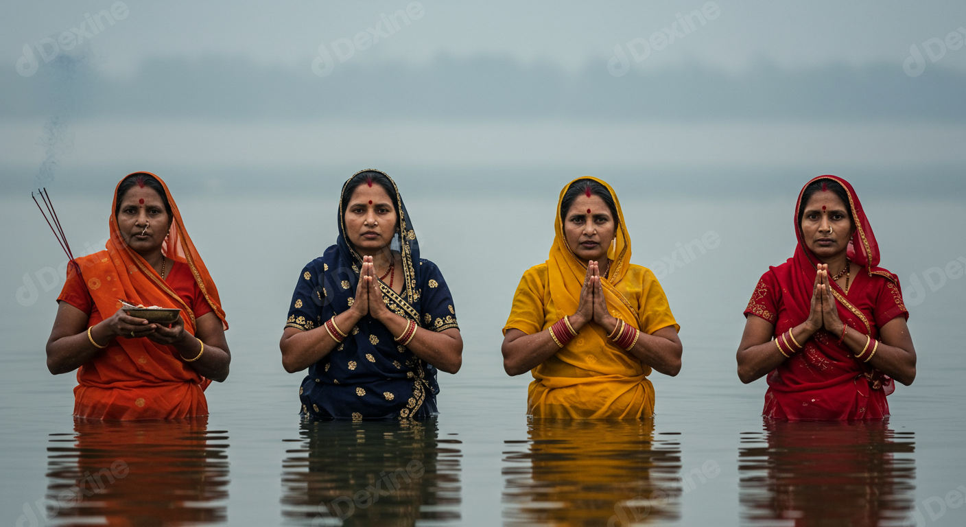 Devout Indian Women Performing Traditional Water Ritual