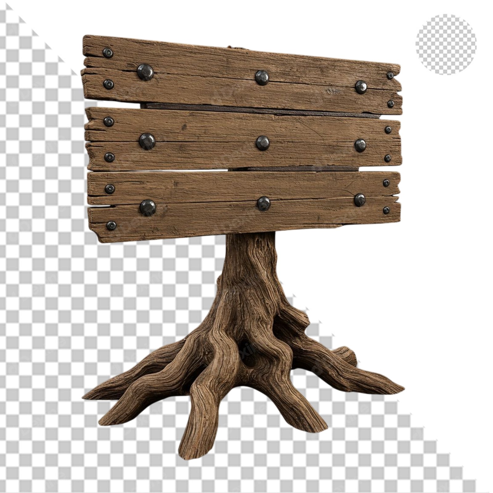 Distressed Wooden Signboard On Gnarled Roots Isolated Transparent PNG