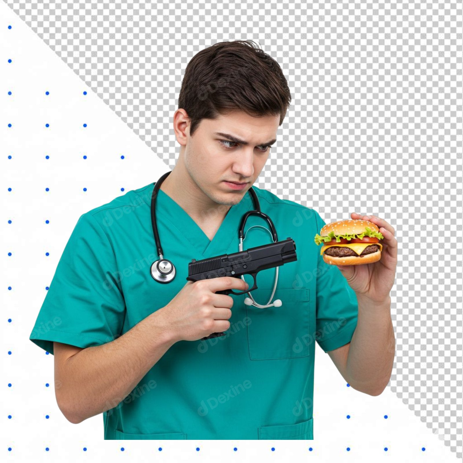 Doctor Threatening Burger With Gun Healthy Diet Concept Transparent PNG