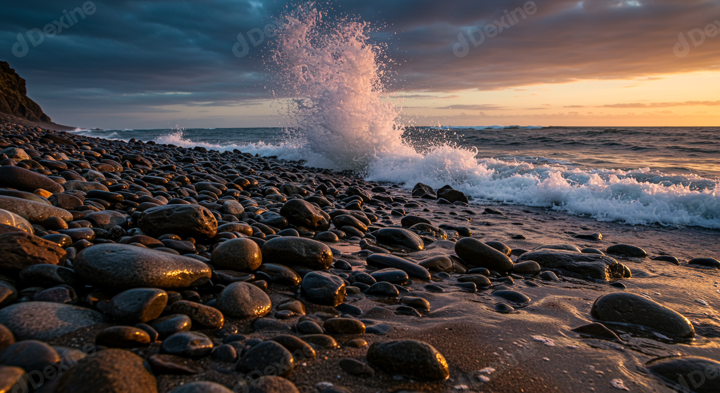 Dramatic Ocean Wave Splashing On Pebble Beach At Sunset