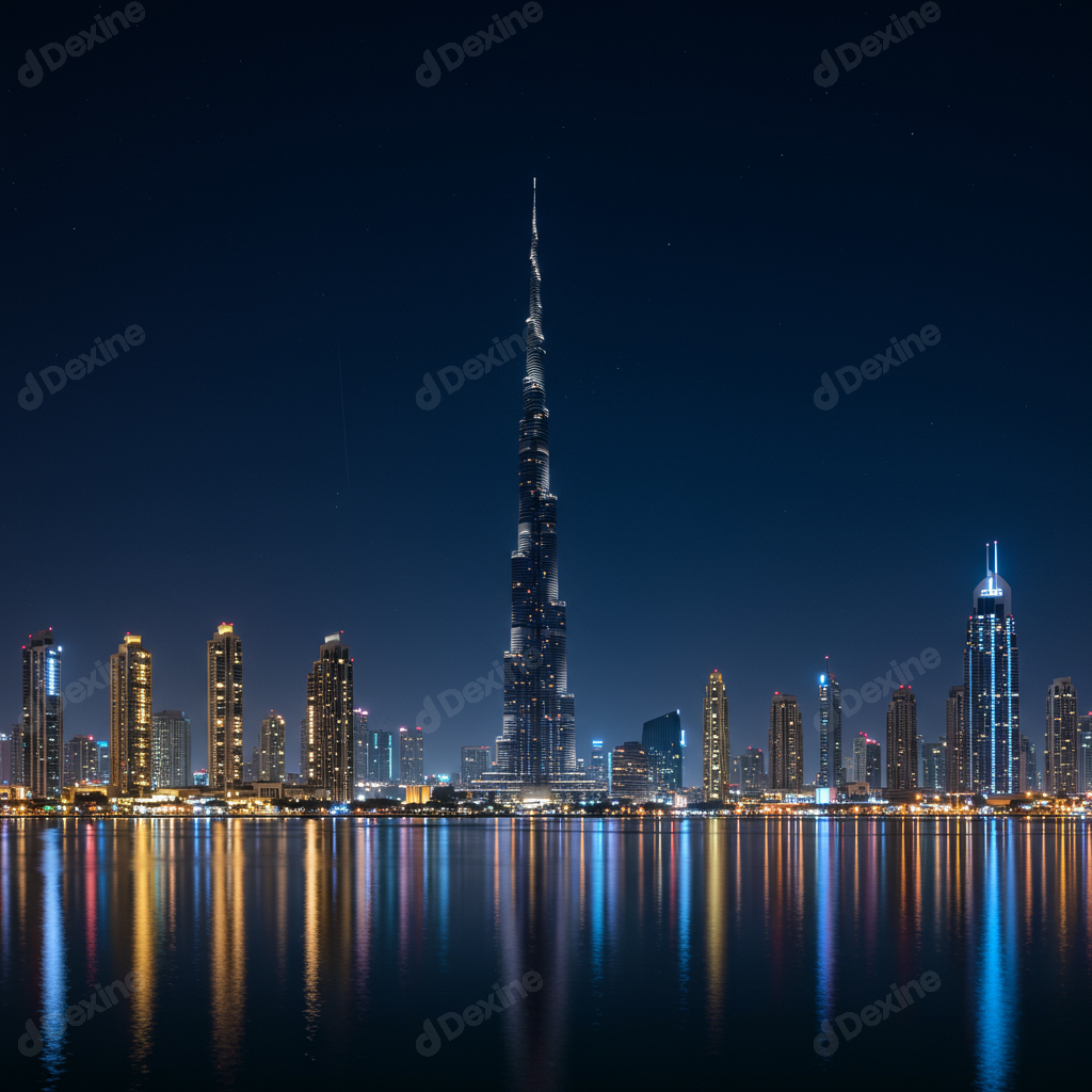 Dubai City Skyline At Night With Burj Khalifa Reflected In Water