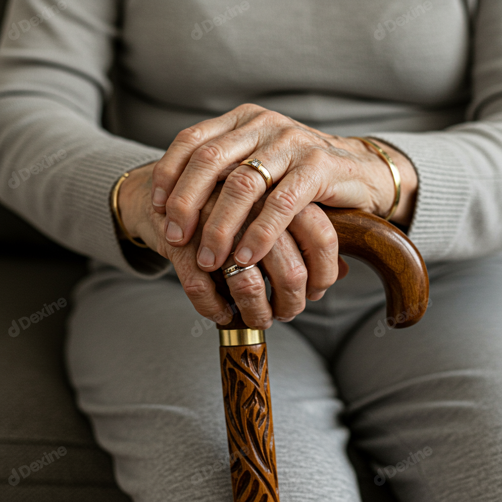 Elderly Hands Resting On A Beautifully Carved Wooden Walking Cane