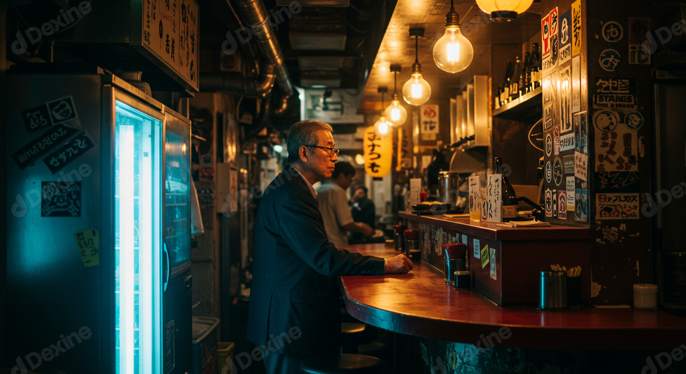 Elderly Japanese Man Sits At A Traditional Izakaya Bar In Tokyo