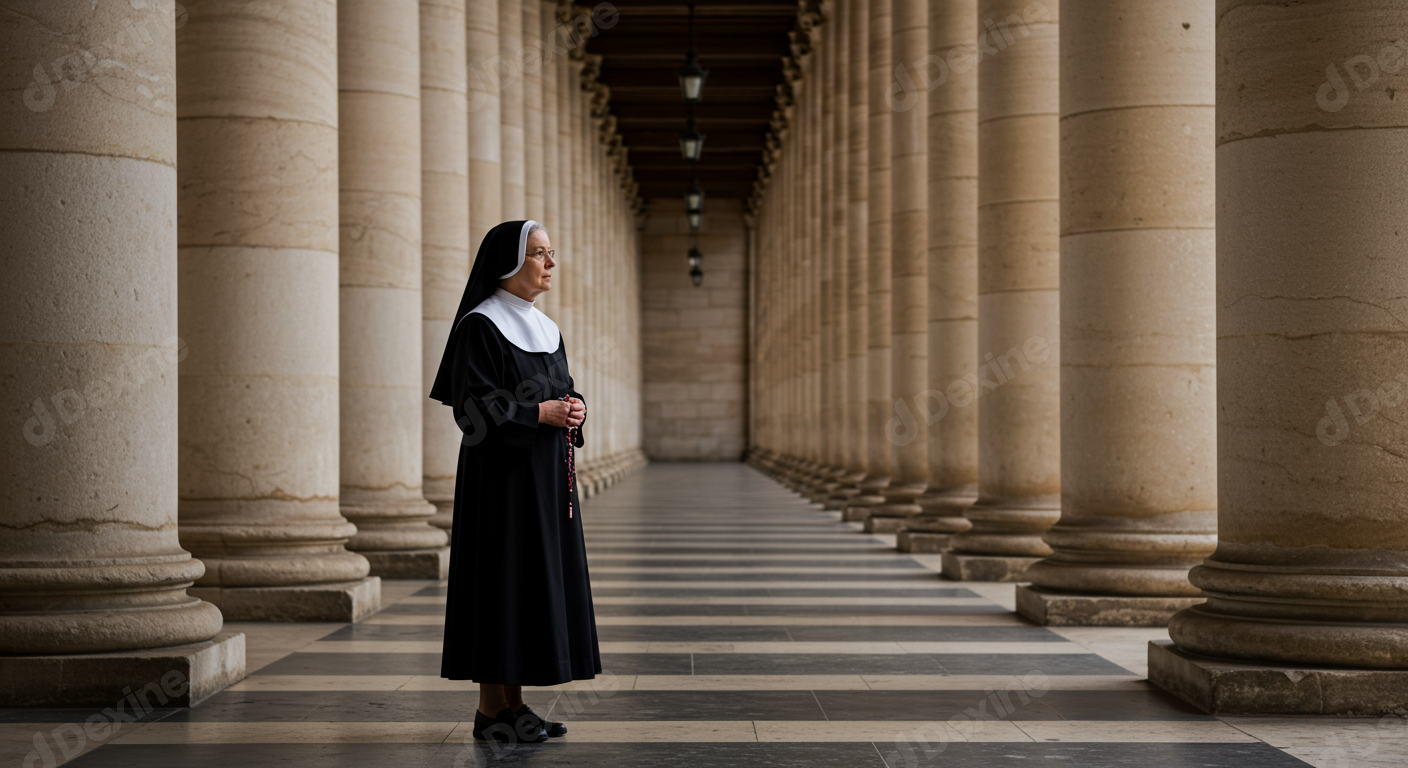 Elderly Nun With Rosary Beads In Grand Colonnade