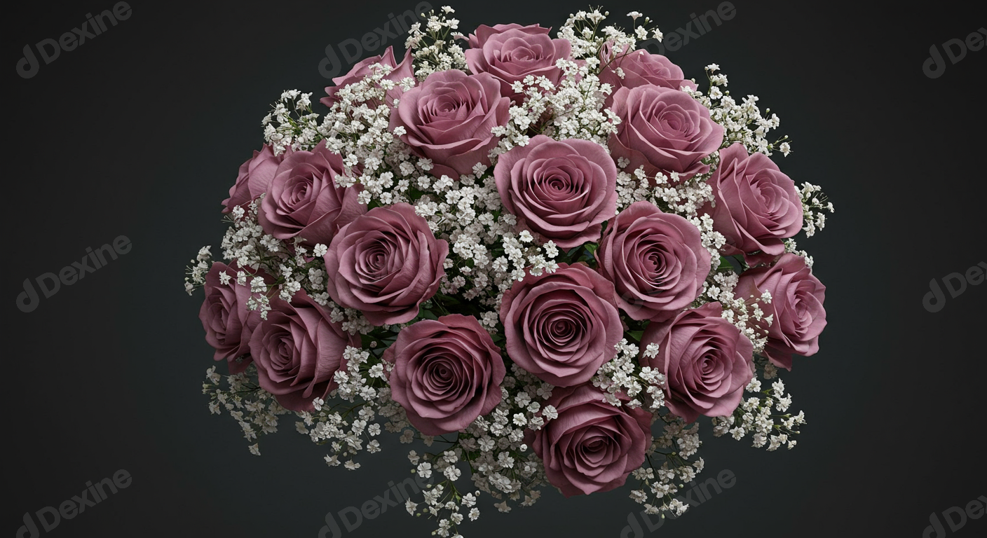 Elegant Dusty Pink Rose Bouquet With Gypsophila On Dark Background