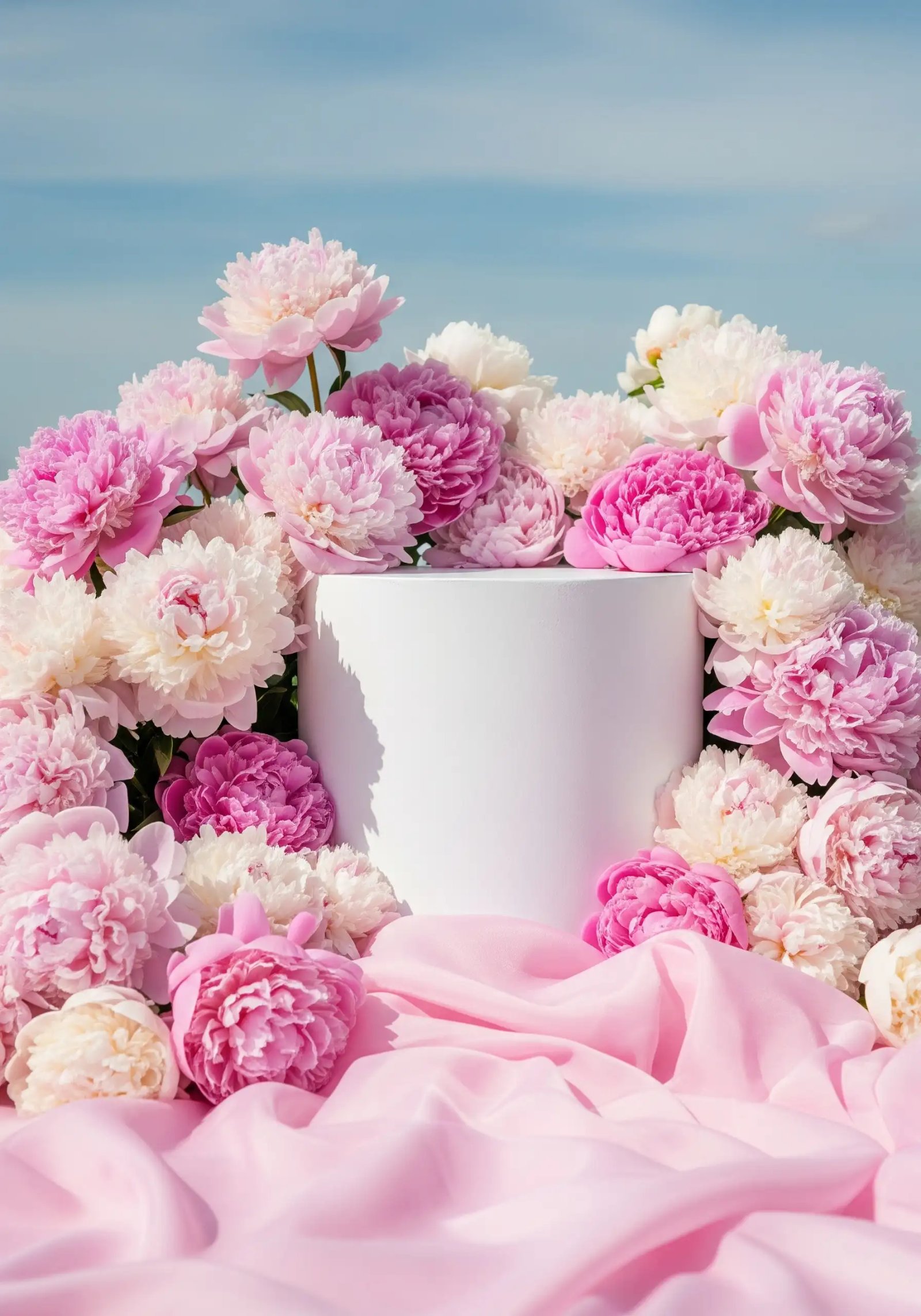 Elegant White Podium With Pink Peonies And Silk Fabric Display