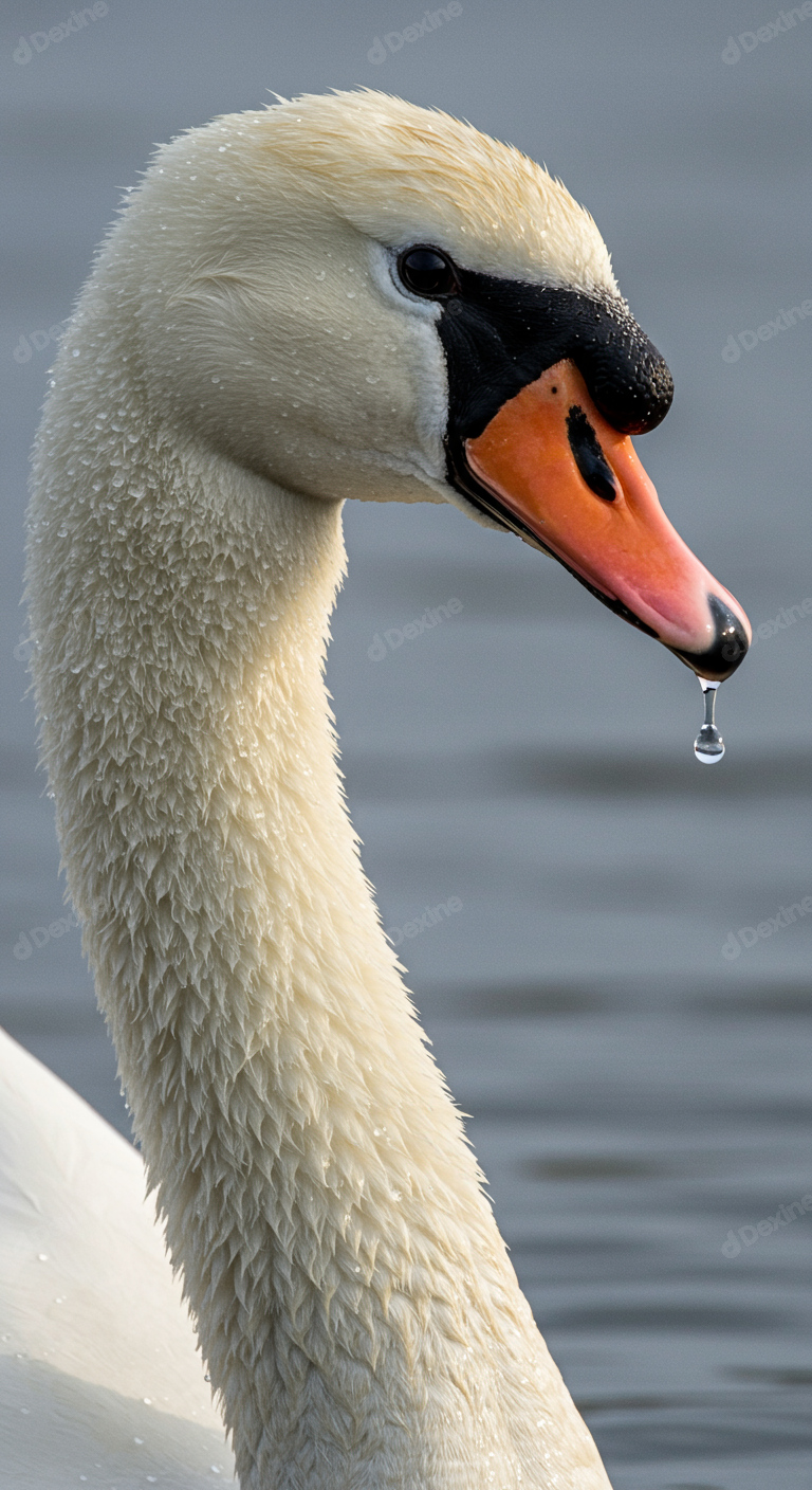 Elegant White Swan Portrait With Water Droplet On Beak