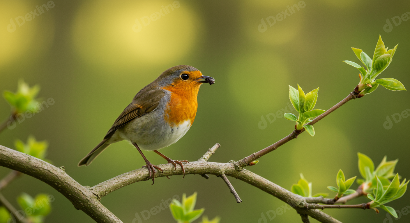 European Robin With Insect On Branch In Lush Green Nature