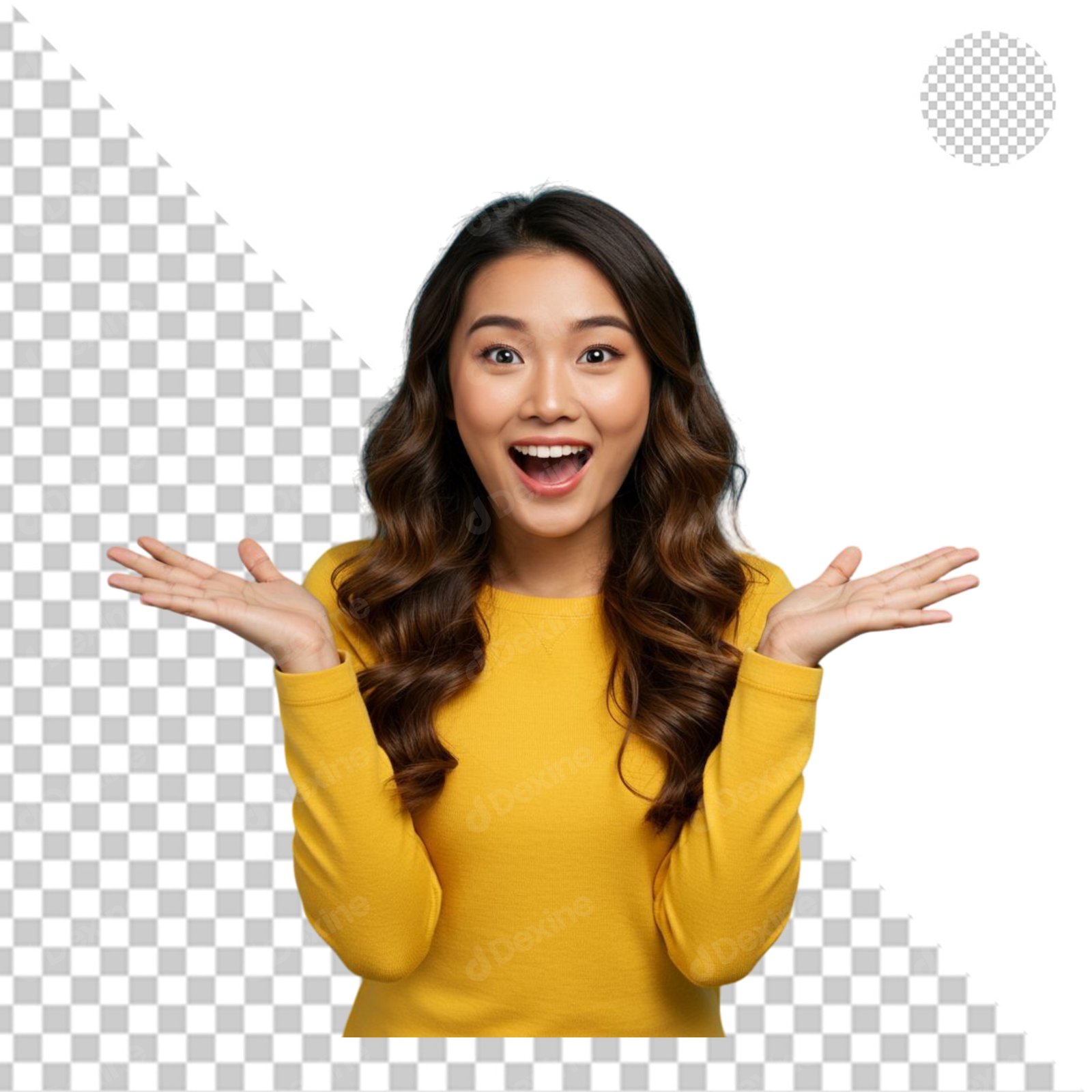 Excited Asian Woman Cutout Presenting With Open Hands Transparent Background