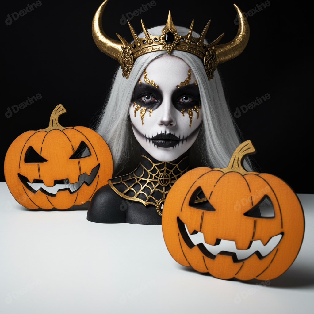 Fantasy Halloween Queen With Skull Makeup And Pumpkins