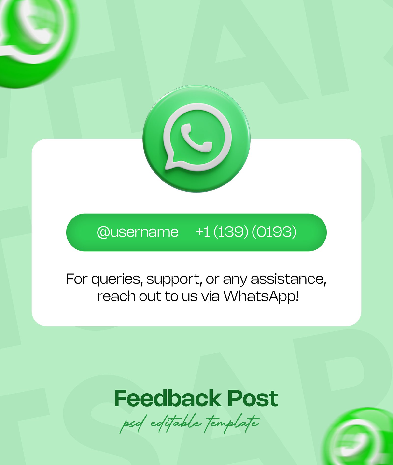 Feedback Post Template With 3D WhatsApp Icon PSD Editable Design