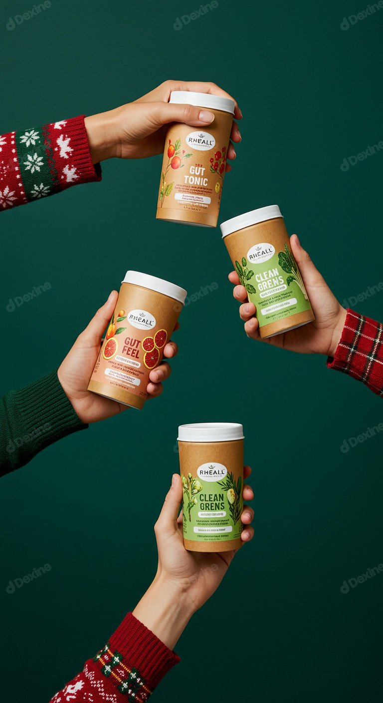 Festive Season Vibe Hands Holding Wellness Products Green Background