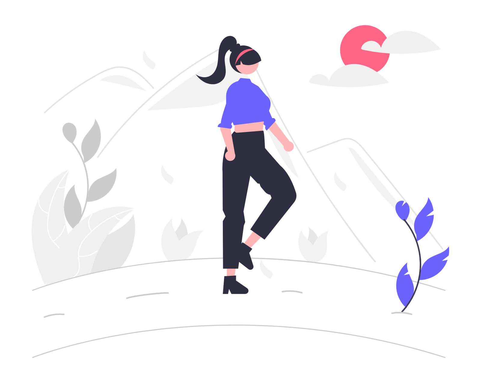 Flat Design Female Character Walking In Minimal Landscape