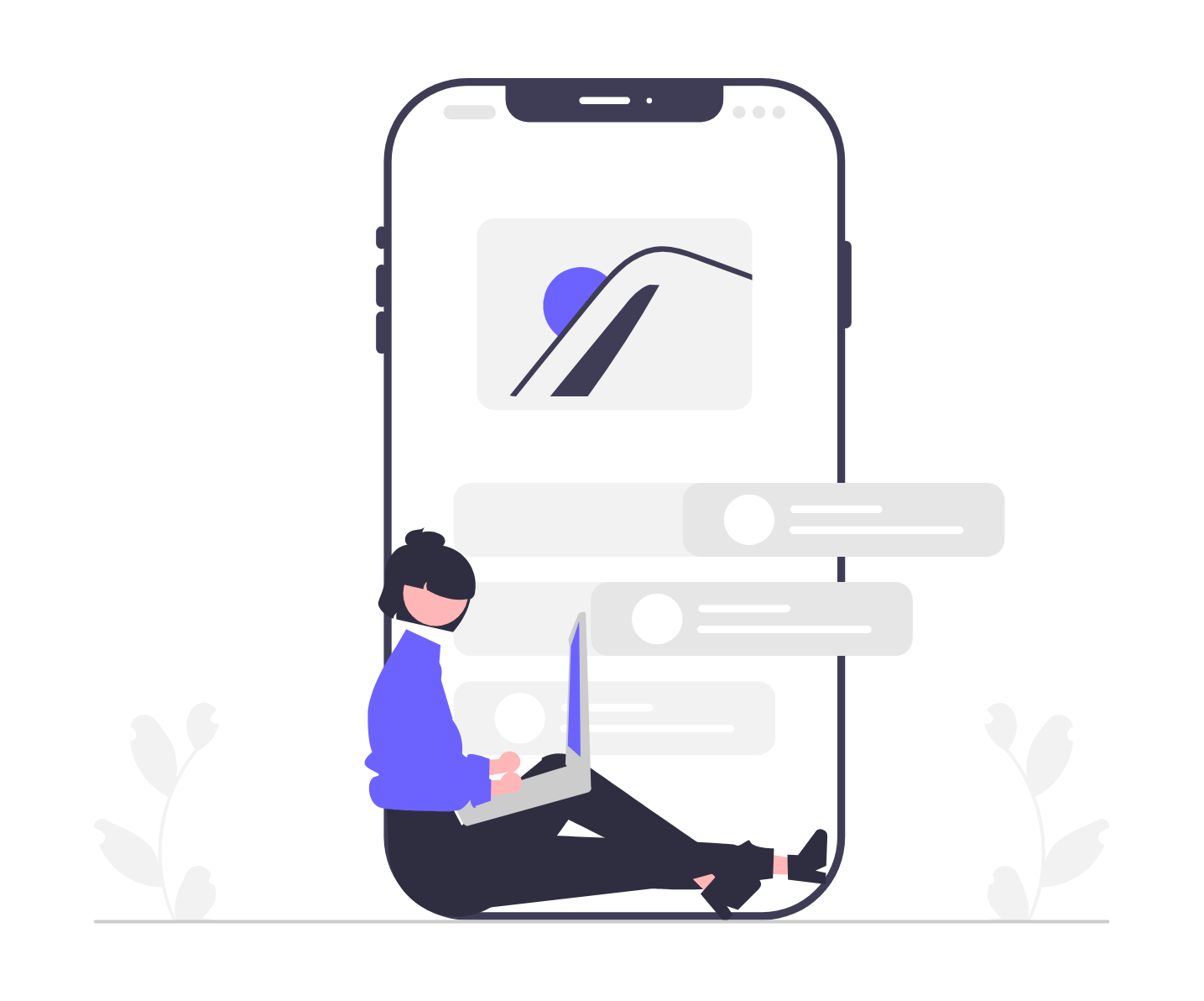 Flat Design Illustration Of Person Working On Laptop With Smartphone