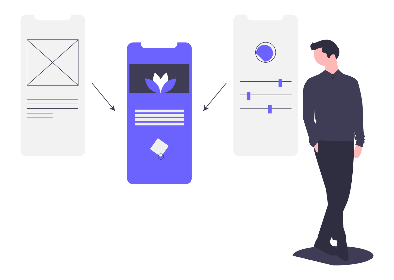 Flat Design UI UX Development Process With Mobile Screens And User