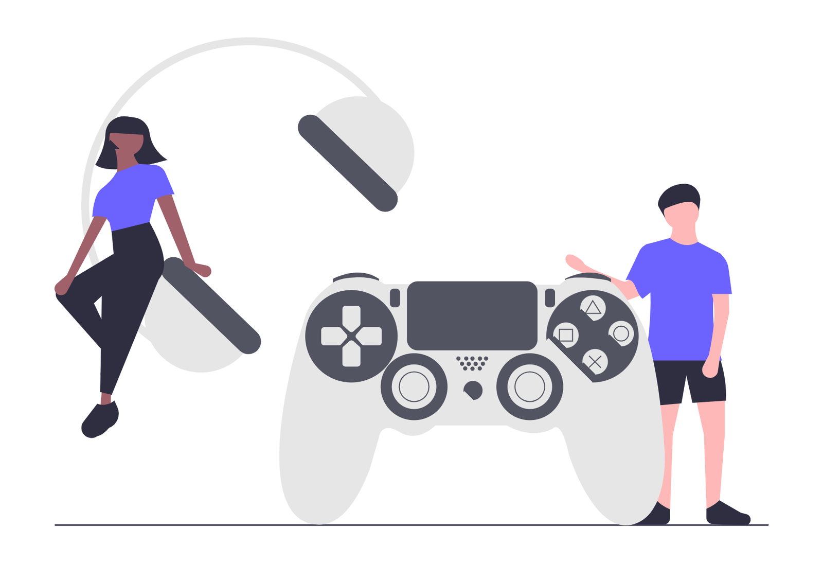 Flat Illustration Of Diverse Gamers With Large Video Game Controller And Headphones