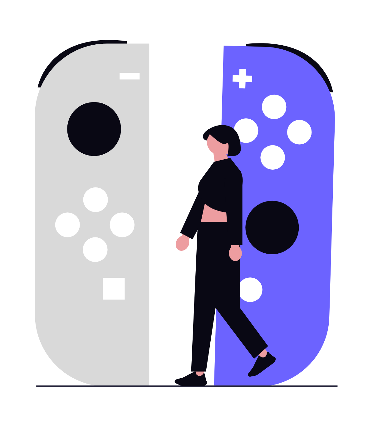 Flat Illustration Of Person Walking Between Gaming Controllers