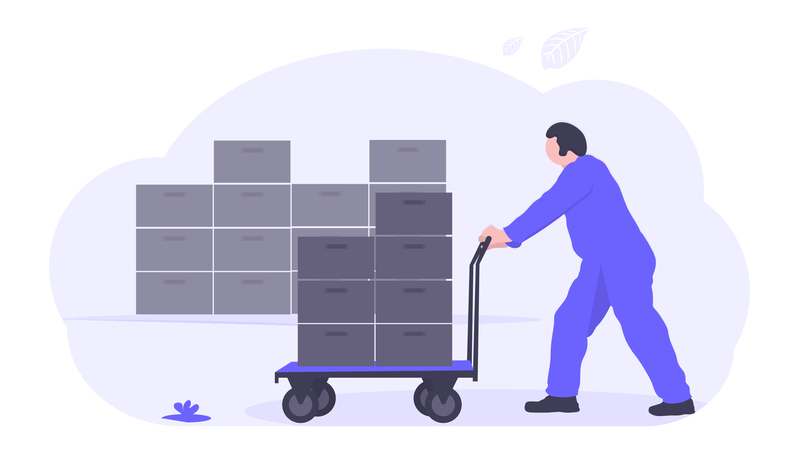 Flat Illustration Of Worker Pushing Hand Truck With Boxes