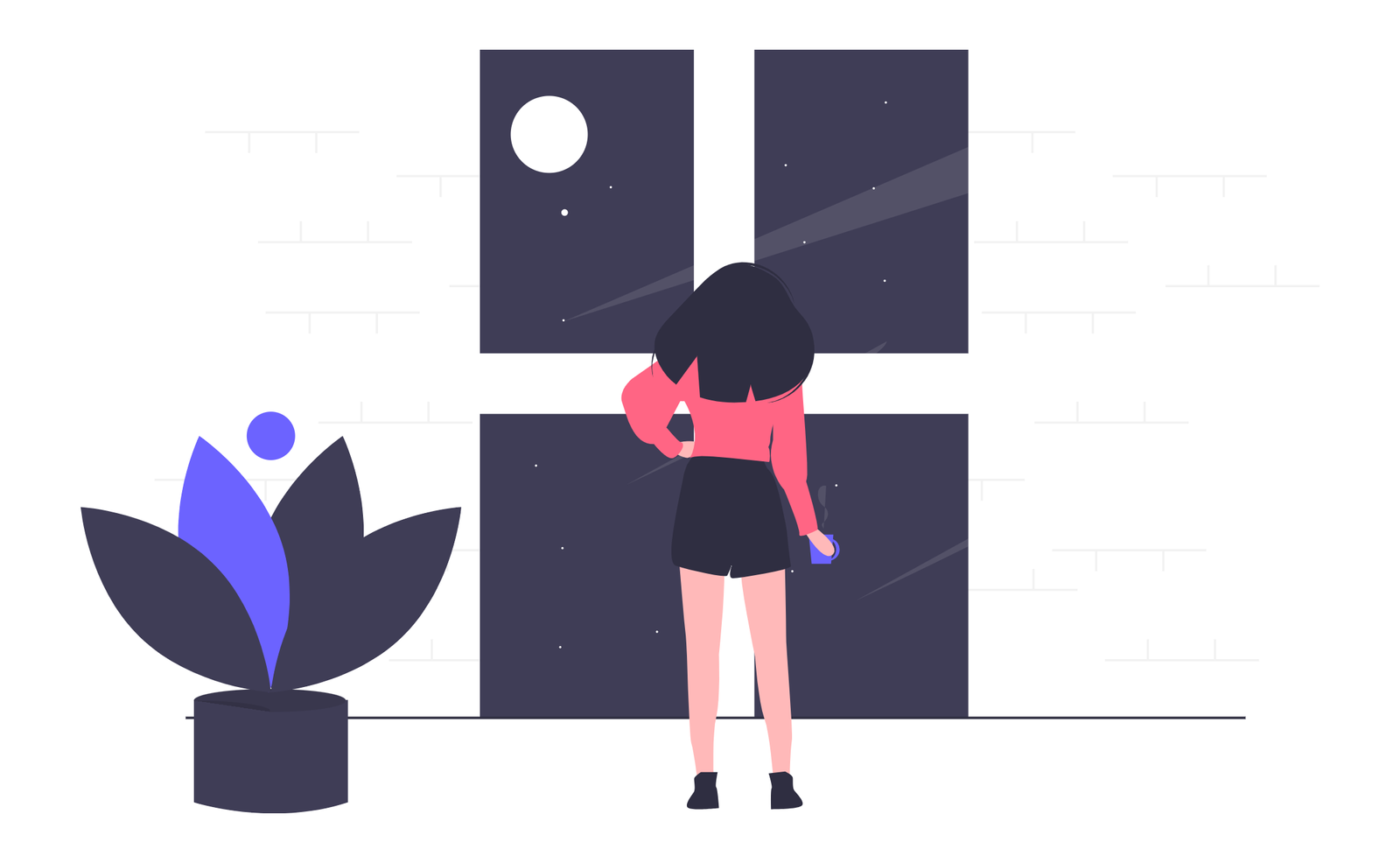 Flat Minimalist Illustration Woman Gazing At Night Sky Through Window