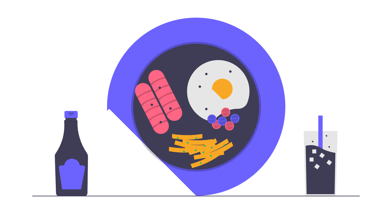 Flat Minimalist Illustration Of Breakfast Meal With Egg Sausage And Fries