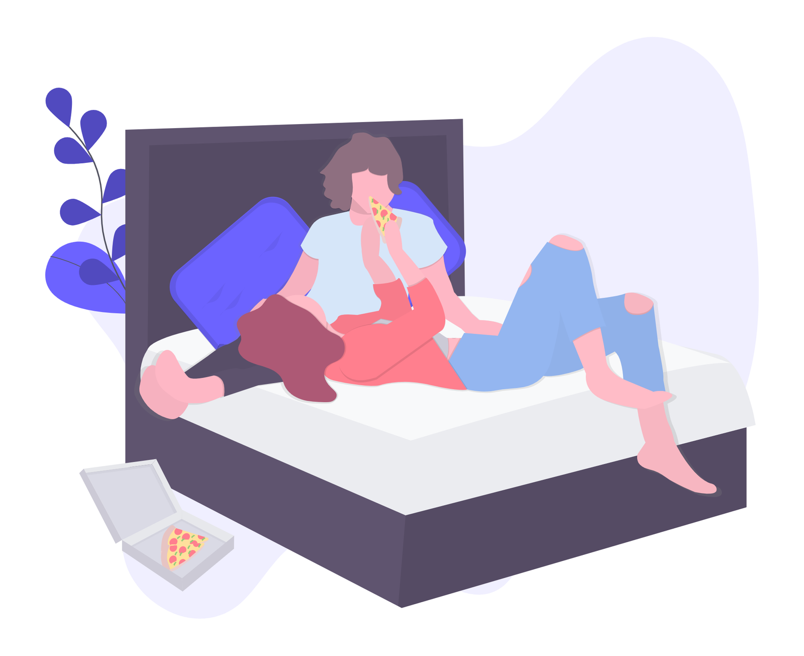 Flat Minimalist Illustration Of Couple Relaxing And Eating Pizza In Bed