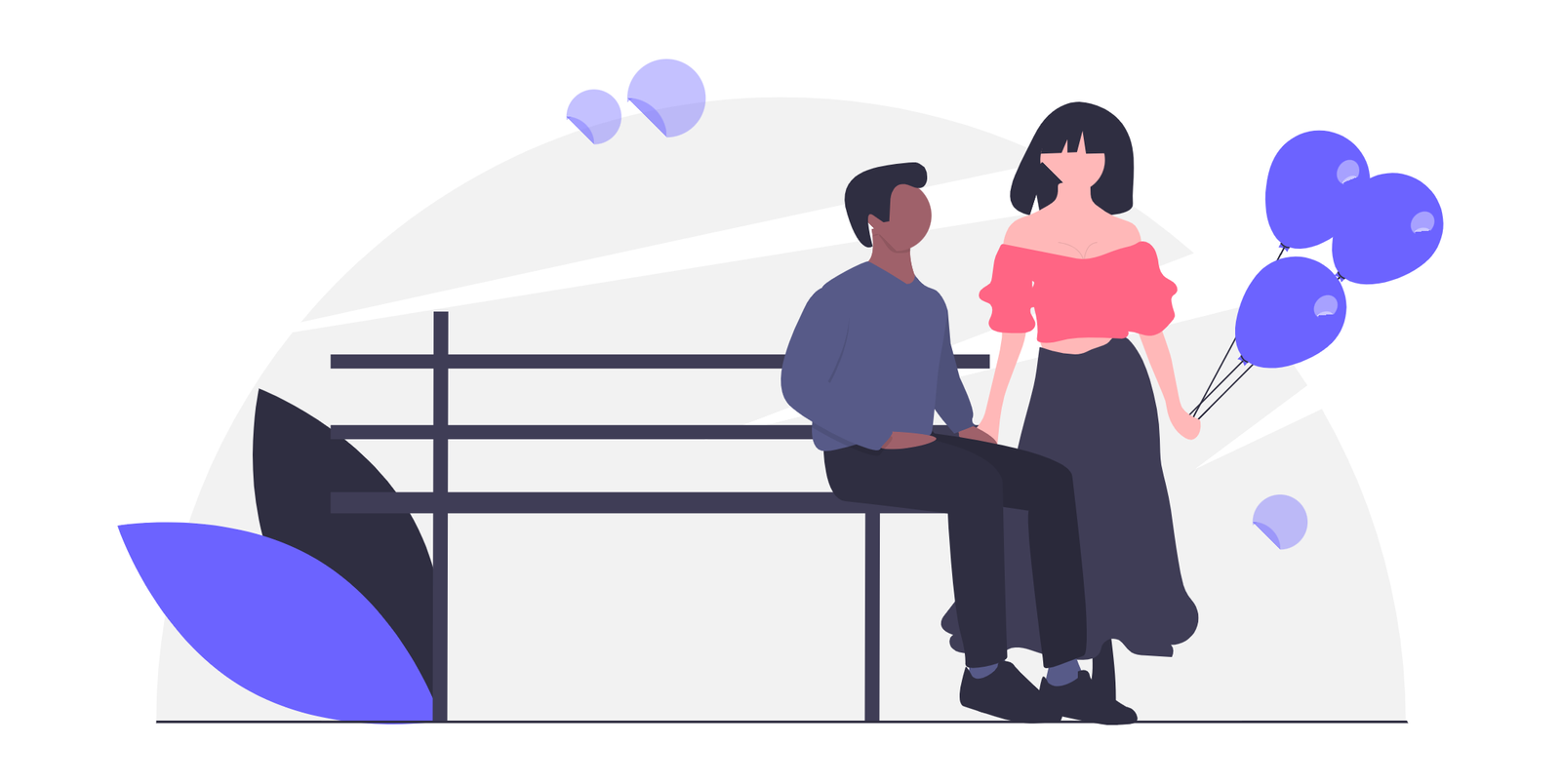 Flat Minimalist Illustration Of Couple On Bench With Balloons