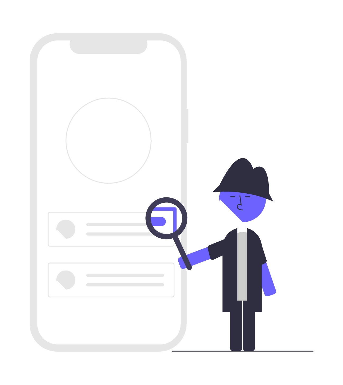 Flat Minimalist Illustration Of Detective Investigating User Profile On Smartphone App