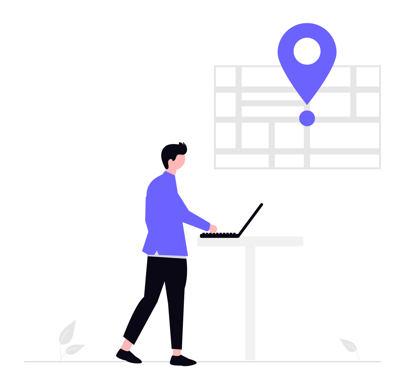 Flat Minimalist Illustration Of Man Finding Location On Laptop With Map