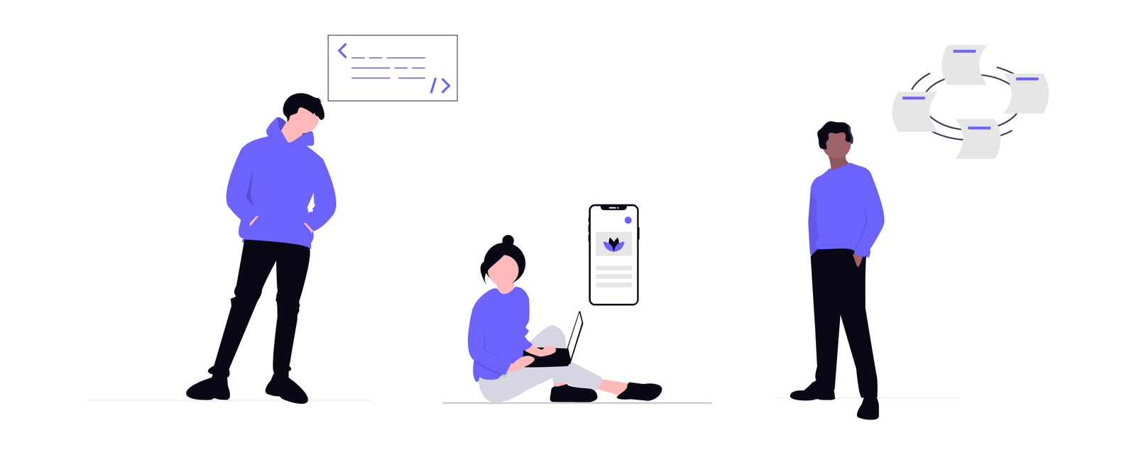 Flat Minimalist Illustration Of People Working On Digital Development And Apps