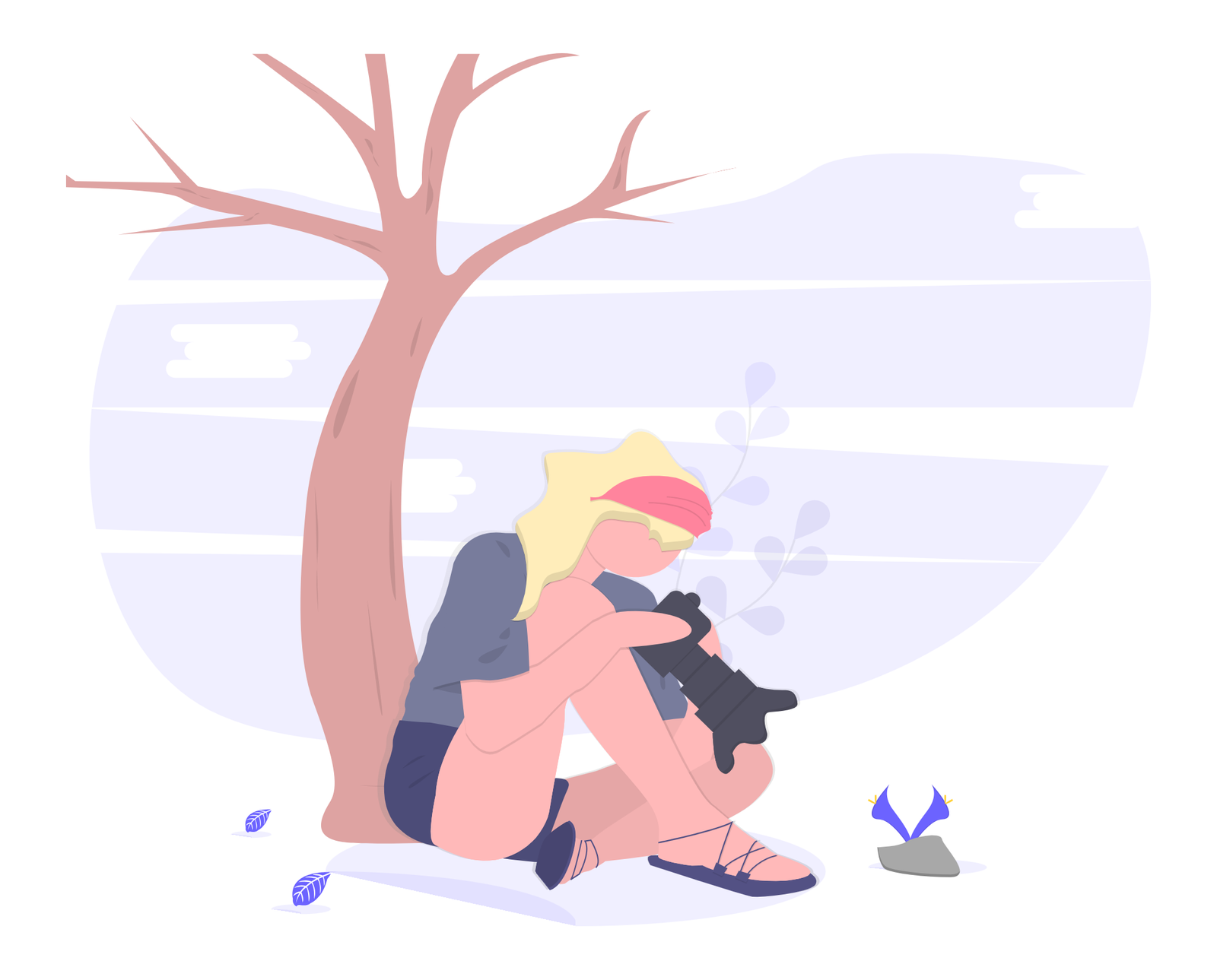 Flat Minimalist Illustration Of Woman Photographer Sitting Under Tree